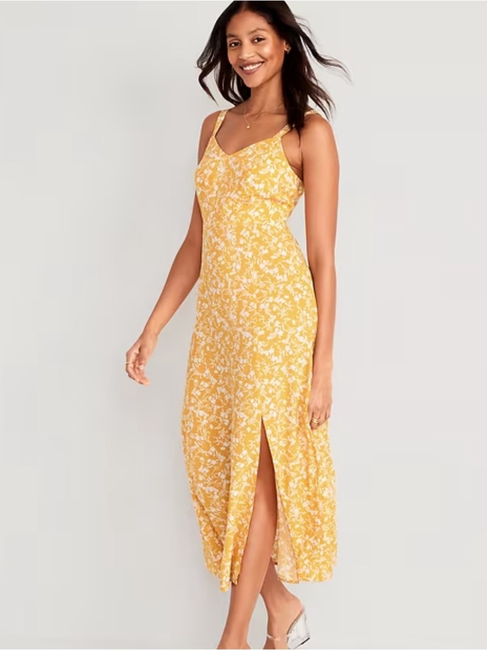 Old Navy Yellow Floral Midi Slip Dress with Side Slit